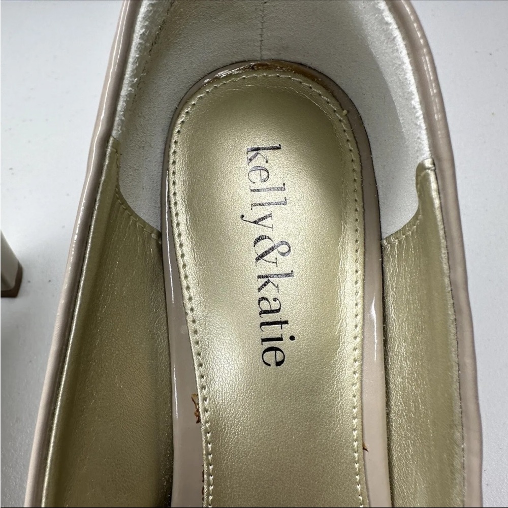 Kelly & Katie Tan Peep Toe Pumps Size 7 M Nude Patent Buckle High Heel Shoes - Picture 13 of 14
